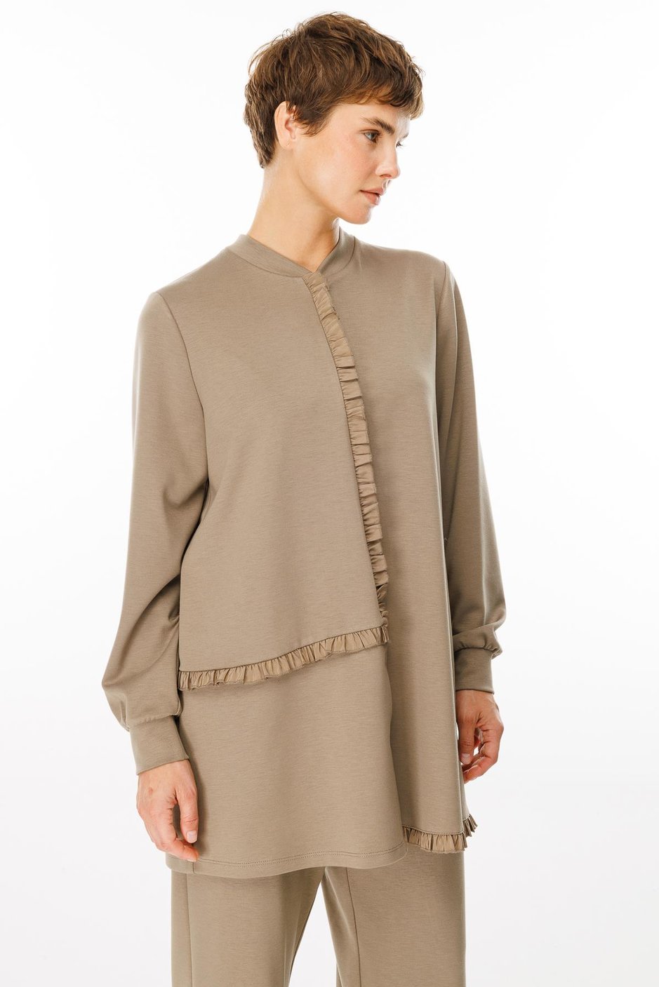 Tafta İşleme Pantalon Kombinli Örme Takım-Vizon
