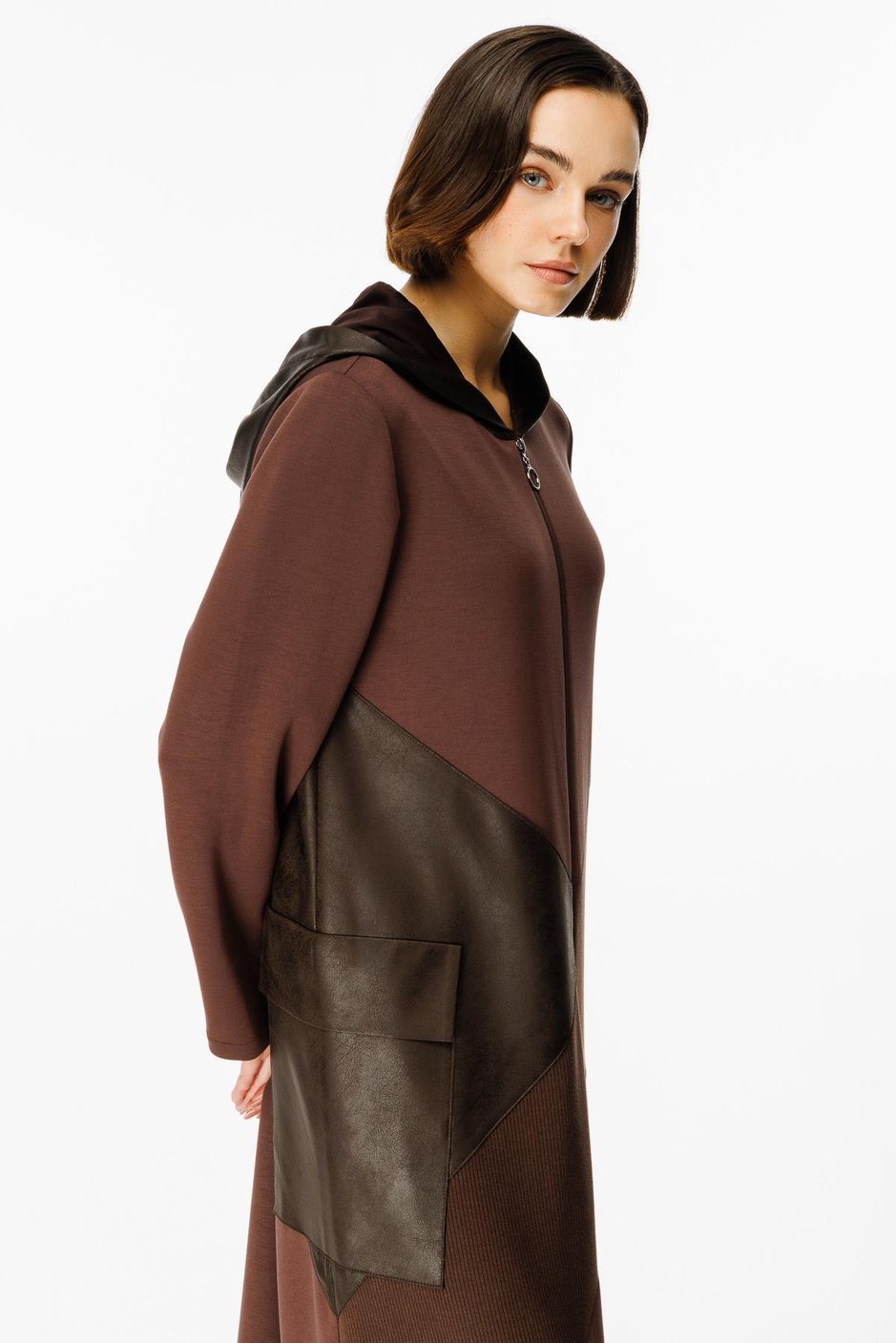 X Örme Baharlık Tafta ve Triko Garnili Uzun Kap Ferace-Kahve