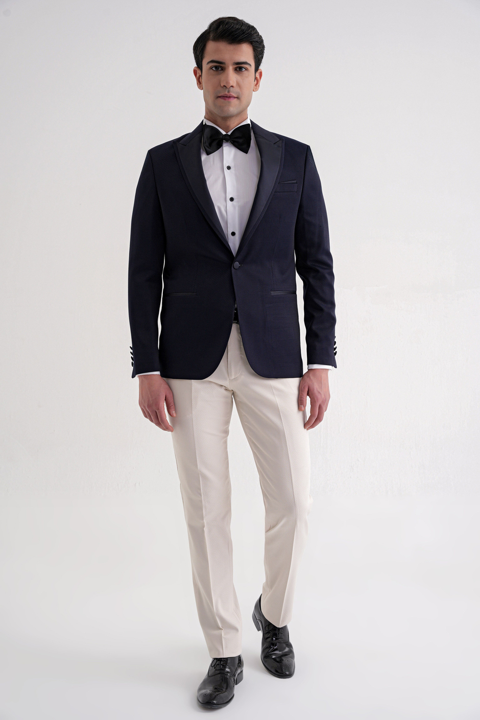  Slim Fit Saten Yaka Çift Yırtmaçlı Tek Düğmeli Lacivert Damatlık Smokin Ceket Black 035