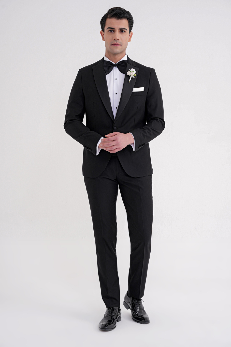 Slim Fit Fleto Cep Çıkarılabilir Saten Yaka Düz Siyah Damatlık Smokin Takım Altro 032