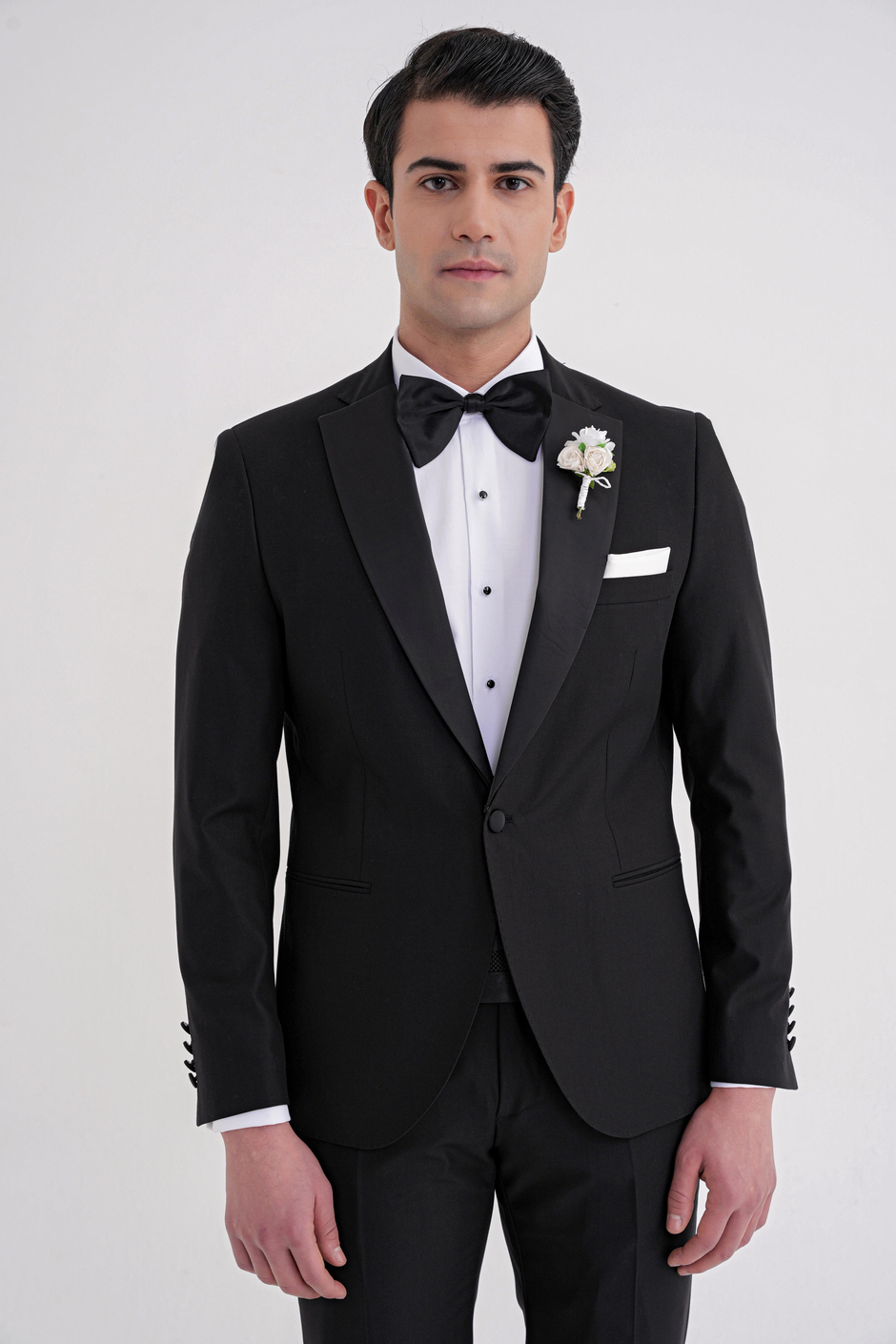Slim Fit Fleto Cep Çıkarılabilir Saten Yaka Düz Siyah Damatlık Smokin Takım Altro 032