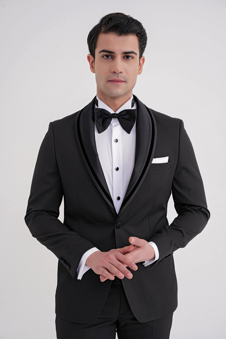 Slim Fit Çıkarılabilir Saten Yaka Tek Düğme Siyah Damatlık Smokin Takım Black 073