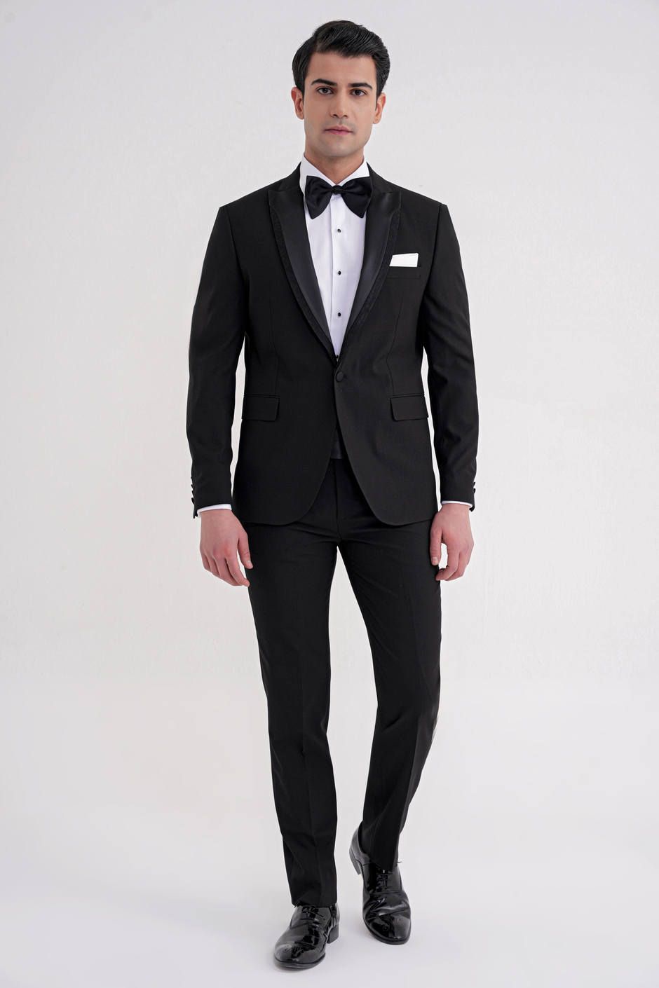 Slim Fit Çıkarılabilir Kırlangıç Saten Yaka Siyah Damatlık Smokin Takım Black 085
