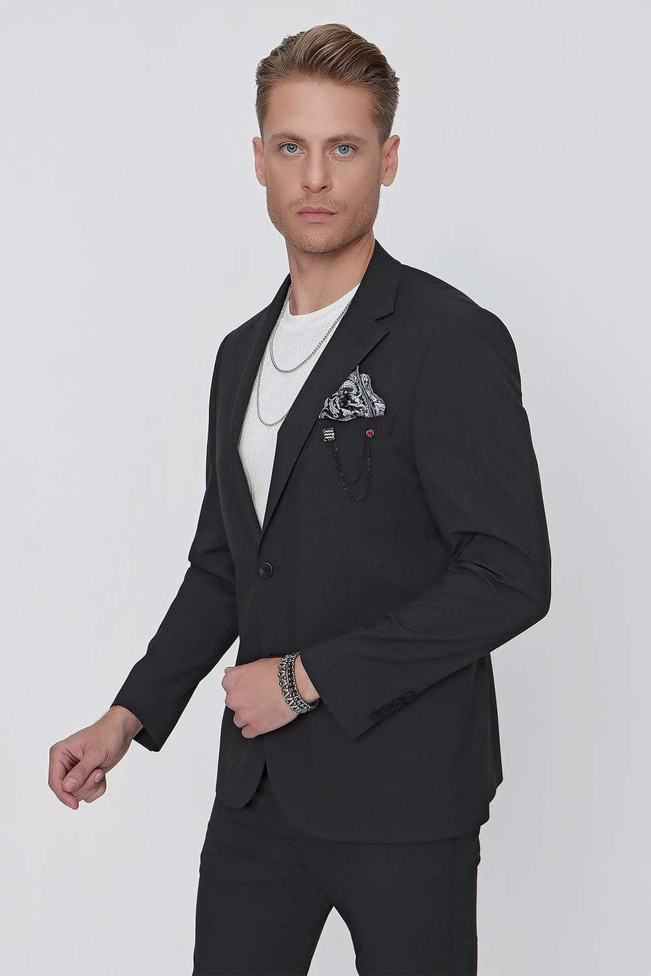 Slim Fit Doku Desenli %96 Pamuk Esnek Siyah Spor Ceket C 623