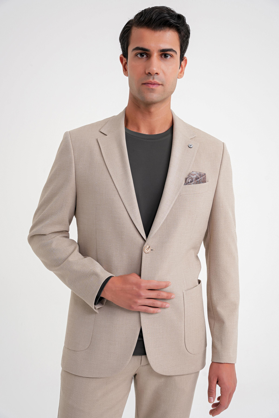Comfort Fit Mono Yaka Çift Yırtmaç Torba Cep Bej-1 Blazer Ceket C 698