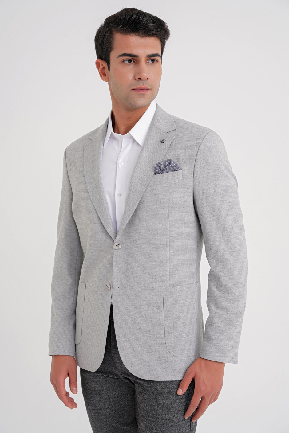 Comfort Fit Mono Yaka Çift Yırtmaç Torba Cep Gri-1 Blazer Ceket C 698