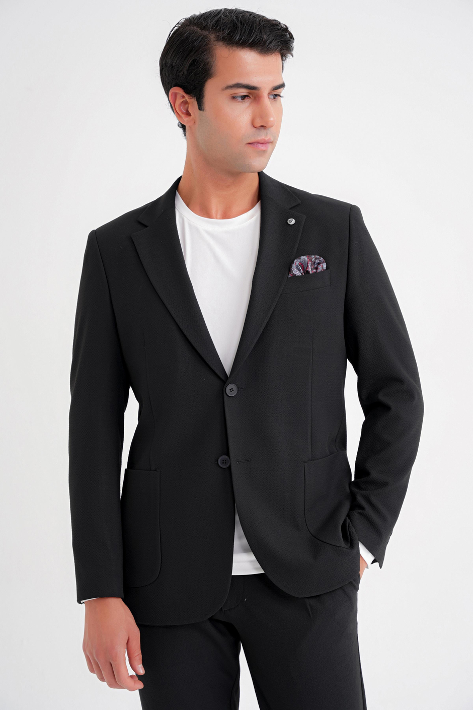 Comfort Fit Mono Yaka Çift Yırtmaç Torba Cep Siyah-1 Blazer Ceket C 698