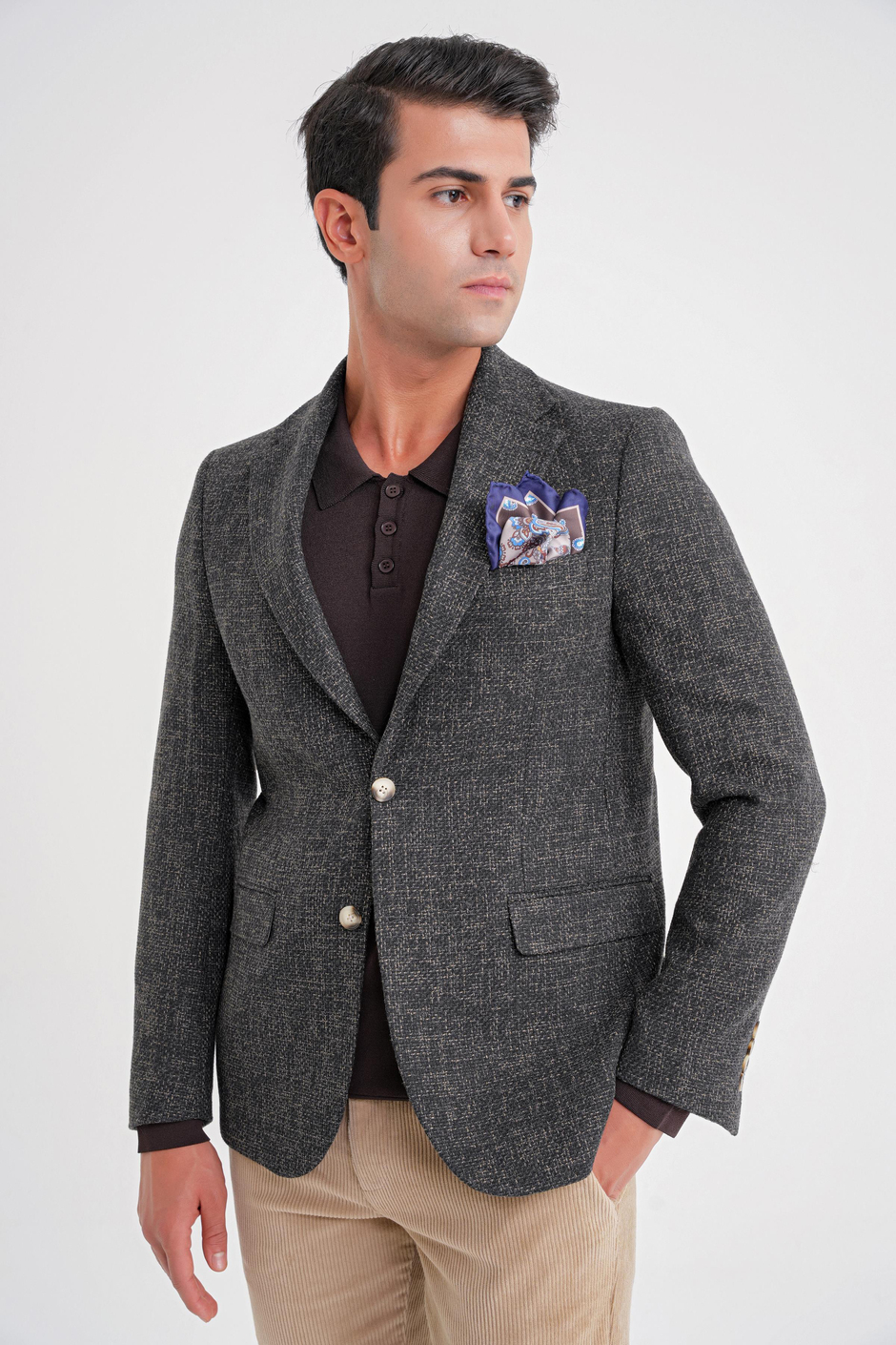 Slim Fit Mono Yaka Buklet Dokuma Pamuklu Nefti Blazer Ceket C 718