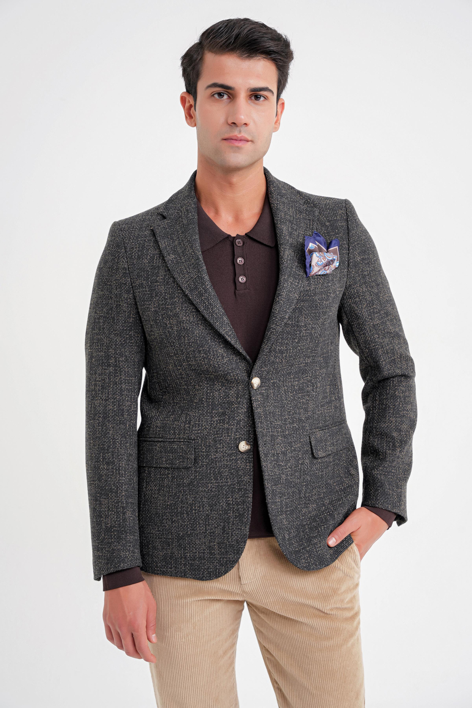 Slim Fit Mono Yaka Buklet Dokuma Pamuklu Nefti Blazer Ceket C 718