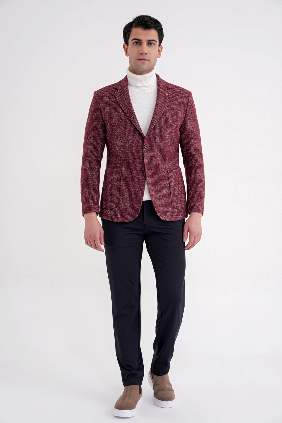 Comfort Fit Torba Cep Kazayağı Desenli %100 Yün Bordo Blazer Ceket C 729