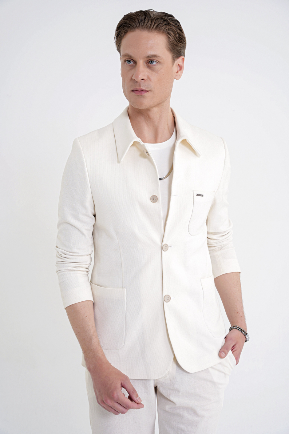 Slim Fit Gömlek Yakalı Fitilli Pamuk Dokumalı Tasarım Ekru Gömlek Ceket C 732