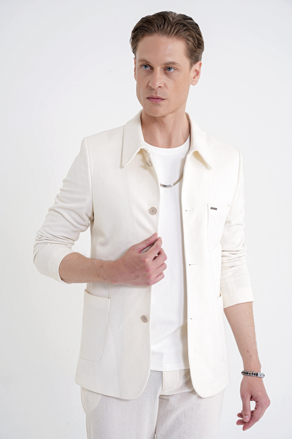 Slim Fit Gömlek Yakalı Fitilli Pamuk Dokumalı Tasarım Ekru Gömlek Ceket C 732