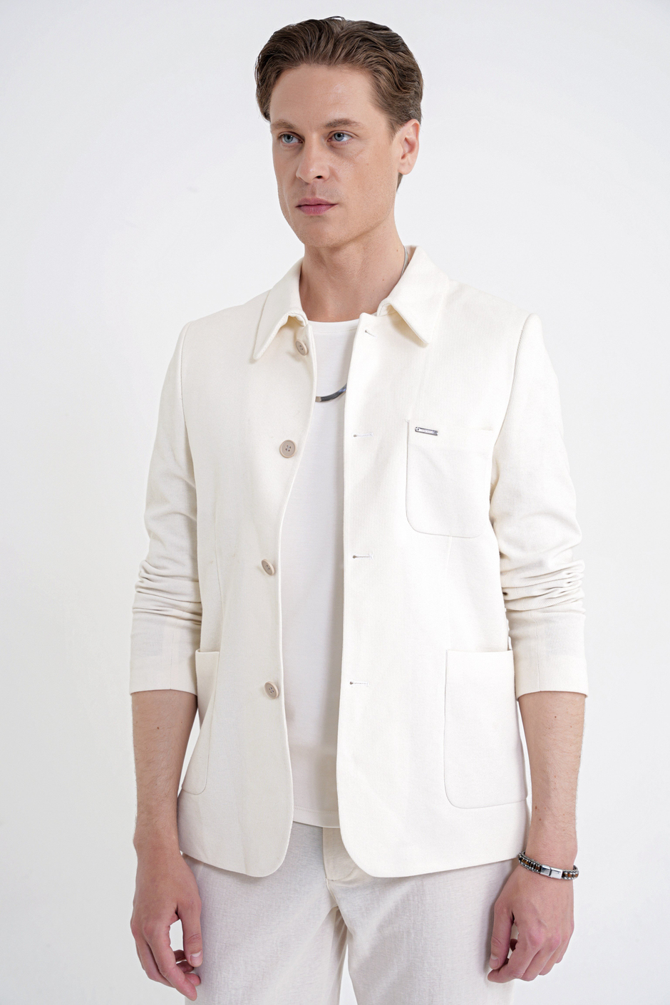 Slim Fit Gömlek Yakalı Fitilli Pamuk Dokumalı Tasarım Ekru Gömlek Ceket C 732