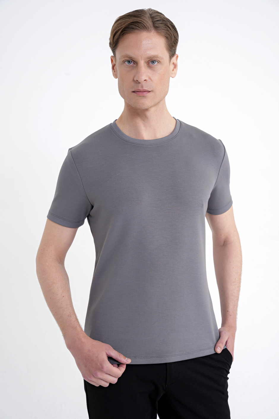 Comfort Fit Bisiklet Yaka %97 Esnek Pamuklu Antrasit Tişört TS 885