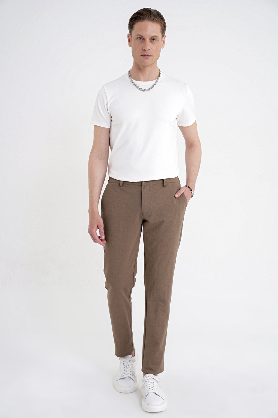 Comfort Fit Beli Lastikli Esnek Keten Tütün Pantolon P 1221