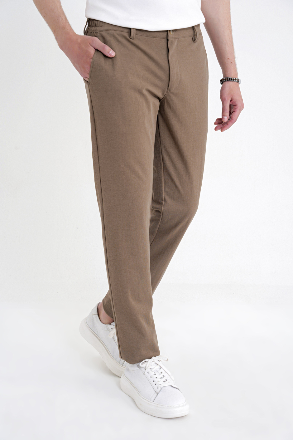 Comfort Fit Beli Lastikli Esnek Keten Tütün Pantolon P 1221