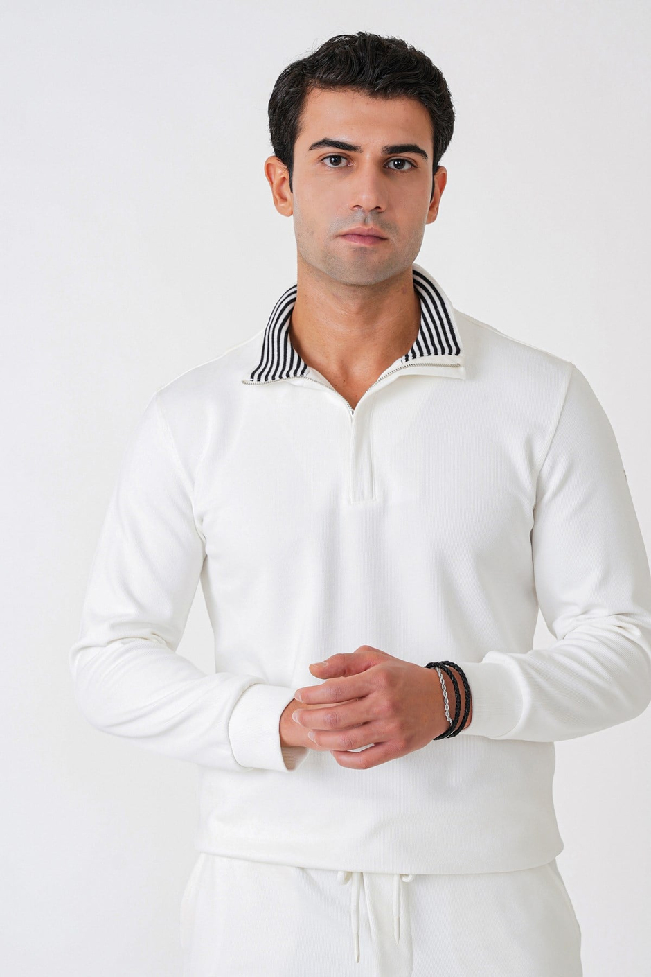 Comfort Fit %100 Pamuk Fermuarlı Polo Yaka Ekru Sweatshirt SWT 013
