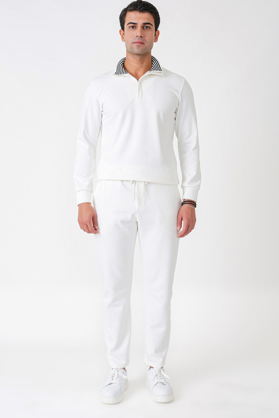 Comfort Fit %100 Pamuk Fermuarlı Polo Yaka Ekru Sweatshirt SWT 013