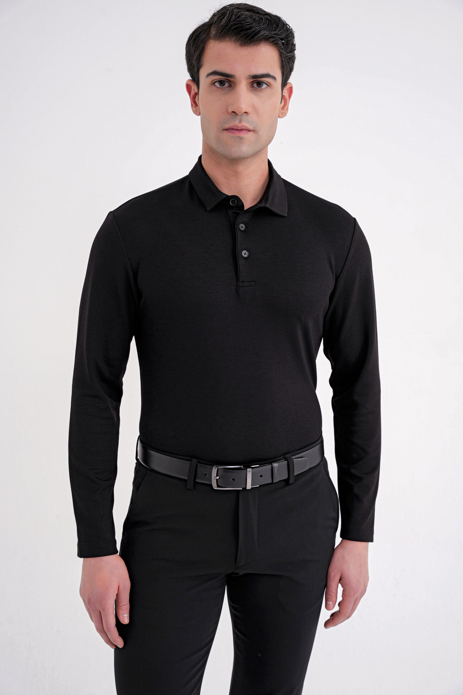 Comfort Fit %97 Esnek Pamuklu Polo Yaka Uzun Kollu Siyah Tişört TS 921