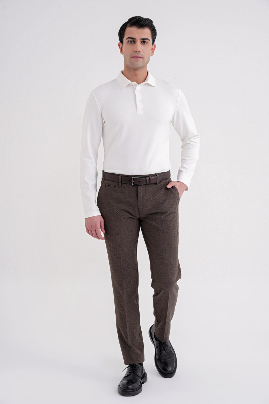 Comfort Fit %97 Esnek Pamuklu Polo Yaka Uzun Kollu Ekru Tişört TS 921