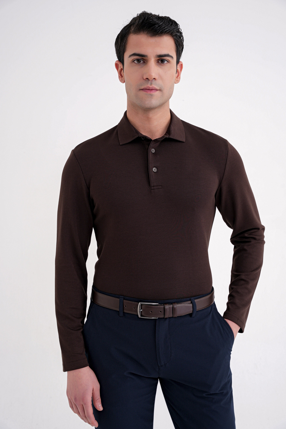 Comfort Fit %97 Esnek Pamuklu Polo Yaka Uzun Kollu Kahverengi Tişört TS 921