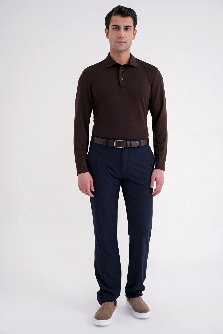Comfort Fit %97 Esnek Pamuklu Polo Yaka Uzun Kollu Kahverengi Tişört TS 921