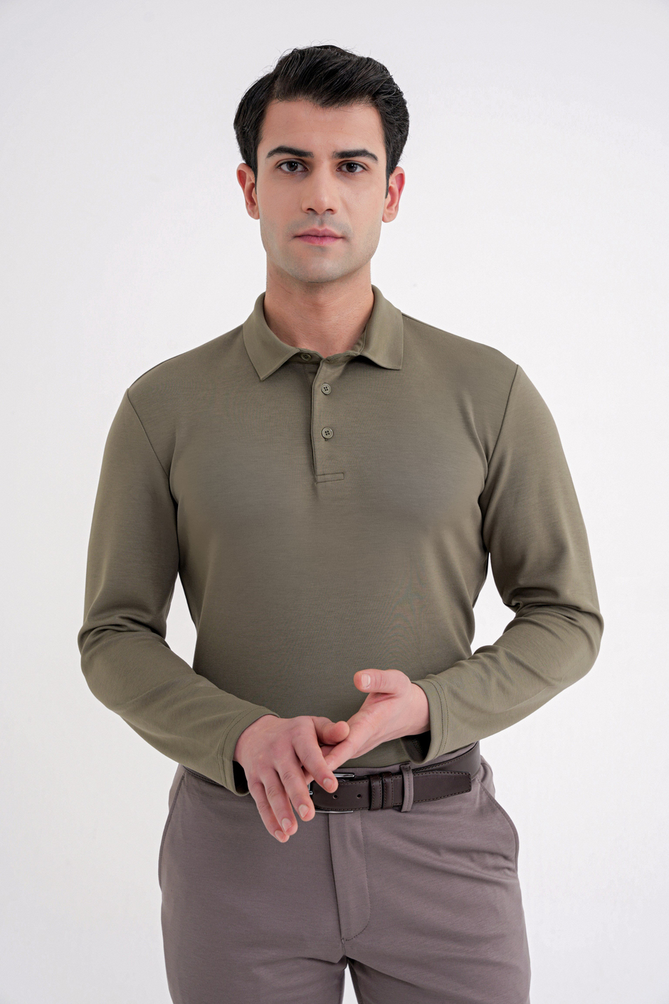 Comfort Fit %97 Esnek Pamuklu Polo Yaka Uzun Kollu Haki Tişört TS 921
