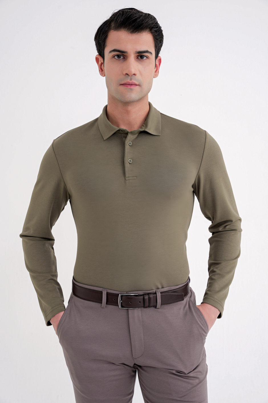 Comfort Fit %97 Esnek Pamuklu Polo Yaka Uzun Kollu Haki Tişört TS 921