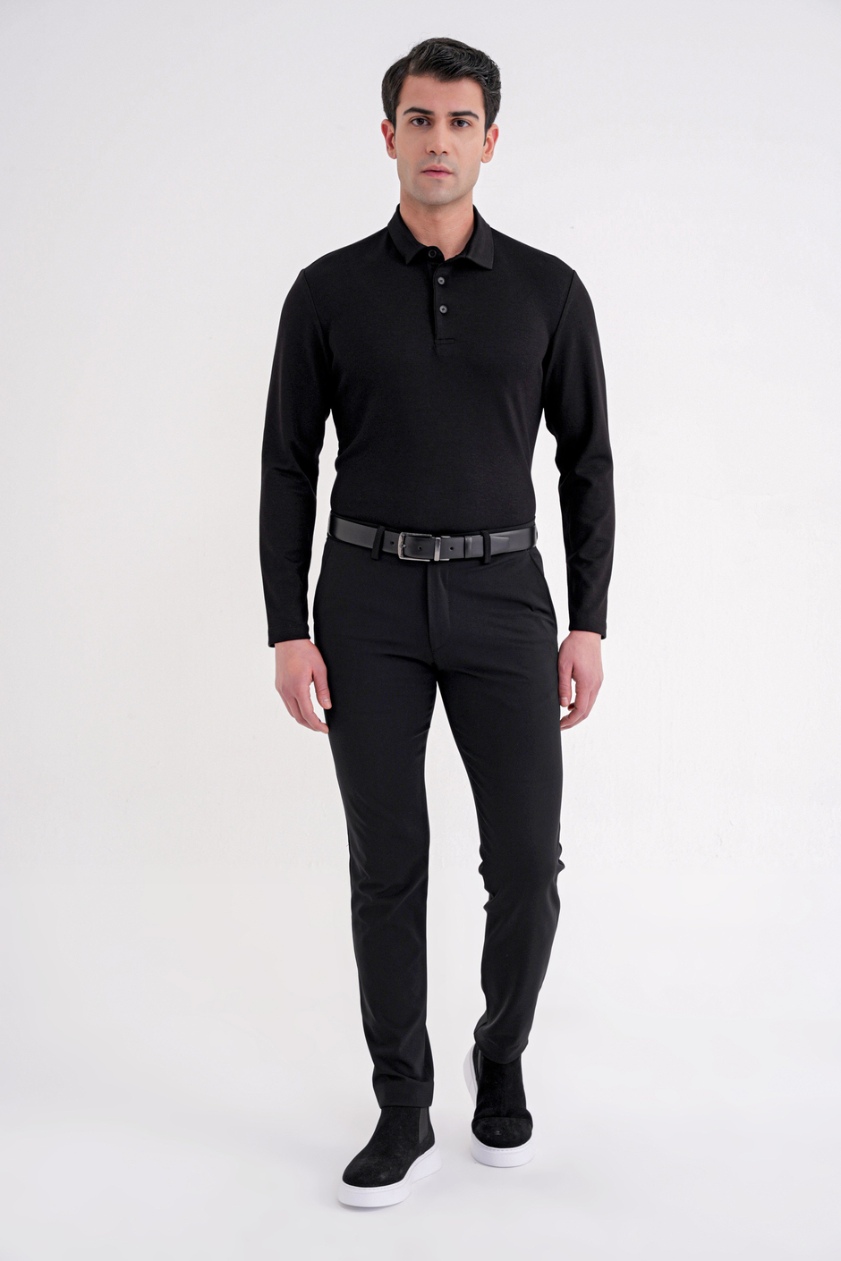 Comfort Fit %97 Esnek Pamuklu Polo Yaka Uzun Kollu Siyah Tişört TS 921