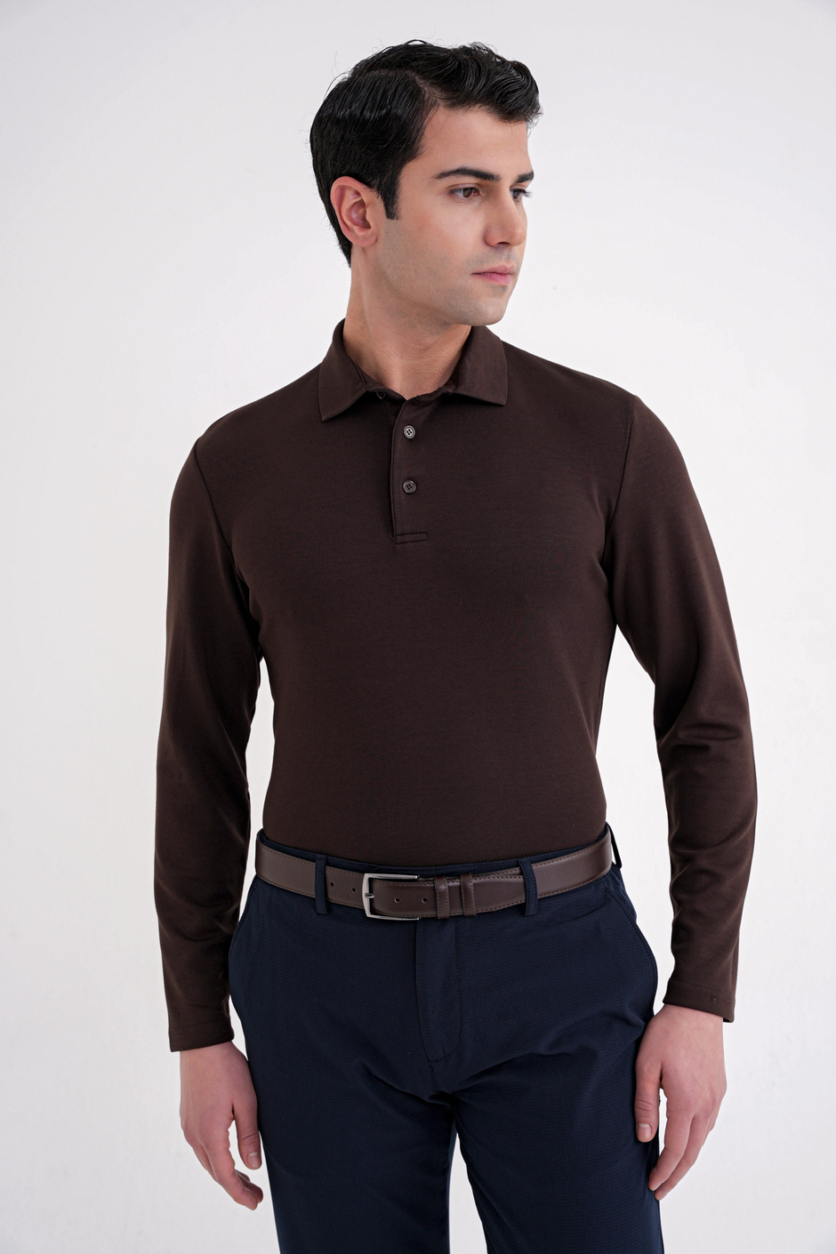 Comfort Fit %97 Esnek Pamuklu Polo Yaka Uzun Kollu Kahverengi Tişört TS 921