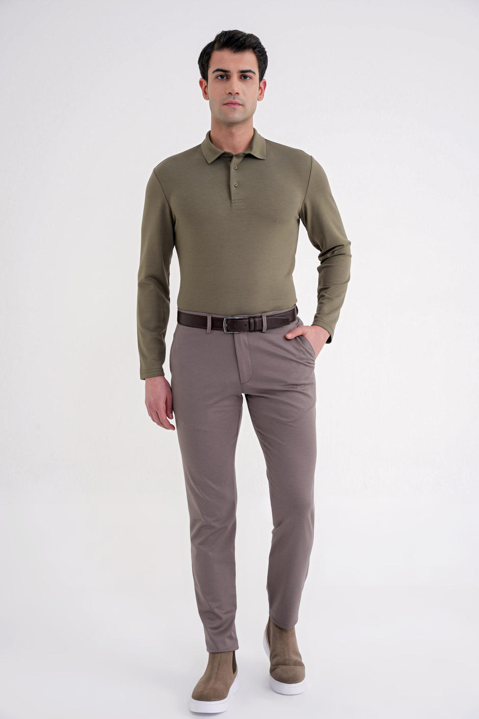 Comfort Fit %97 Esnek Pamuklu Polo Yaka Uzun Kollu Haki Tişört TS 921