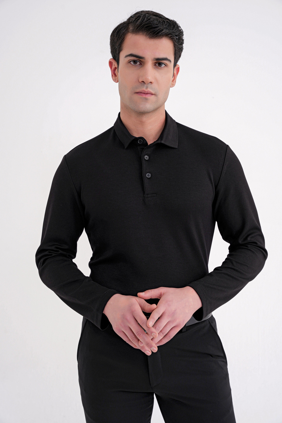 Comfort Fit %97 Esnek Pamuklu Polo Yaka Uzun Kollu Siyah Tişört TS 921