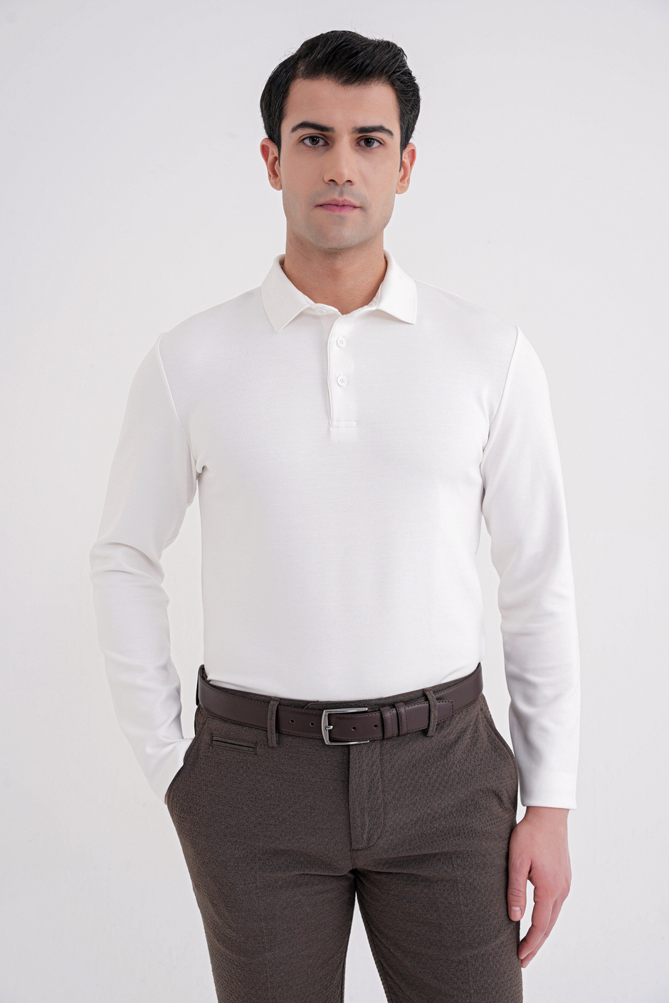 Comfort Fit %97 Esnek Pamuklu Polo Yaka Uzun Kollu Ekru Tişört TS 921