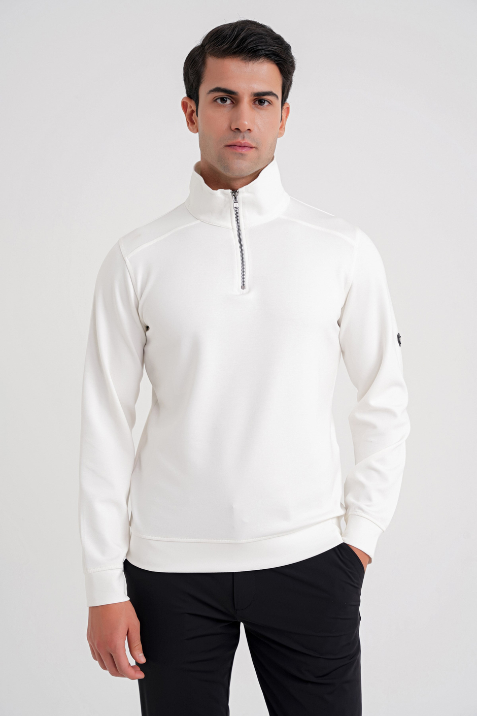 Comfort Fit %97 Pamuk Tam Fermuarlı Polo Yaka Ekru Tişört TS 918