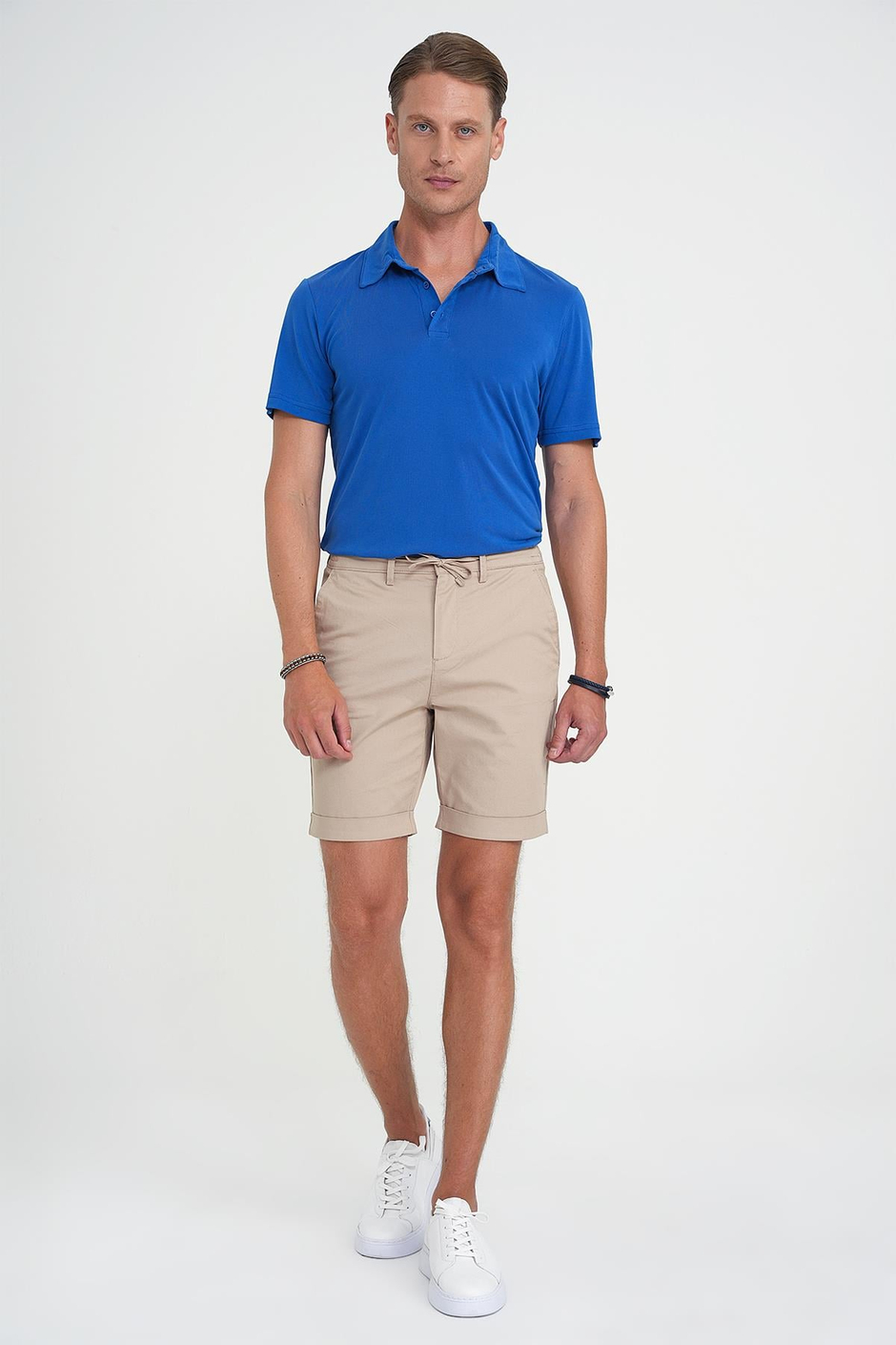 Comfort Fit Bağcıklı ve Lastikli Bel Esnek Pamuk Casual Bej Şort Bermuda 036 