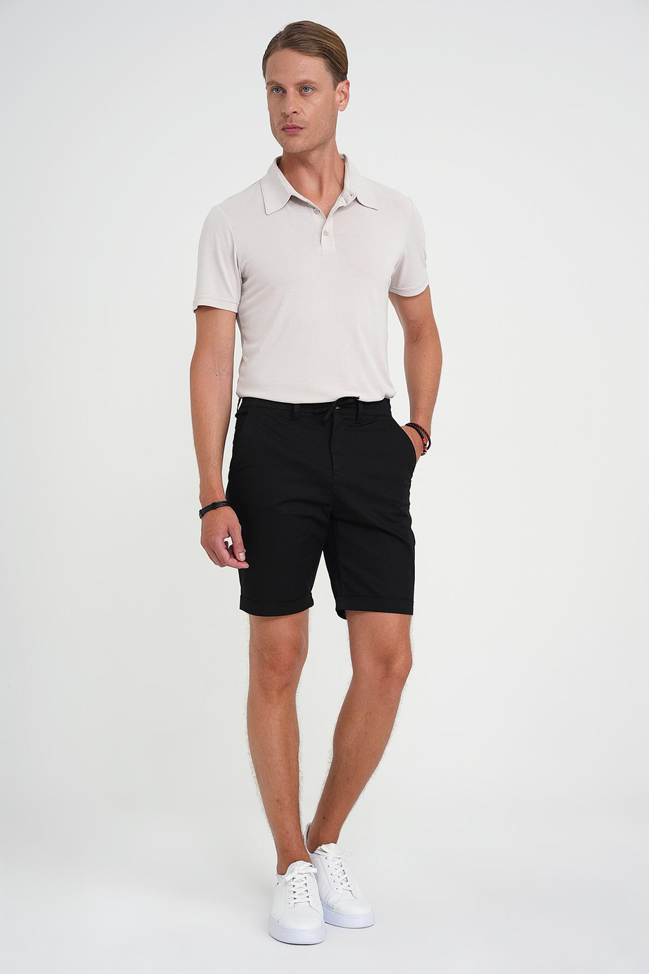 Comfort Fit Bağcıklı ve Lastikli Bel Esnek Pamuk Casual Siyah Şort Bermuda 036 