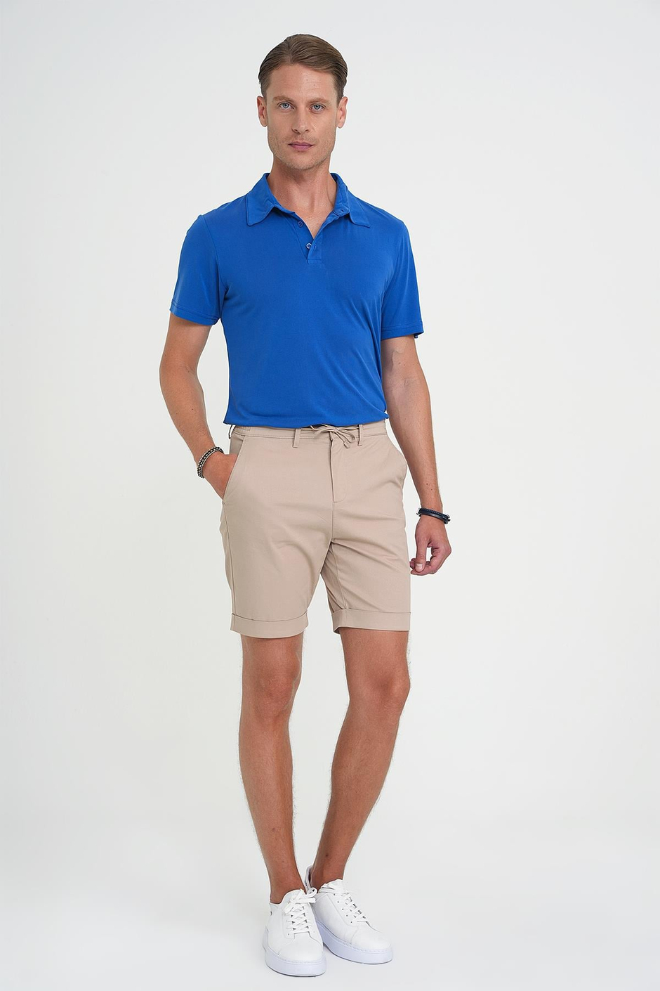 Comfort Fit Bağcıklı ve Lastikli Bel Esnek Pamuk Casual Bej Şort Bermuda 036 