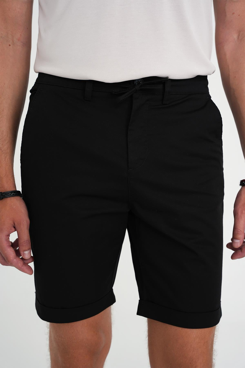Comfort Fit Bağcıklı ve Lastikli Bel Esnek Pamuk Casual Siyah Şort Bermuda 036 