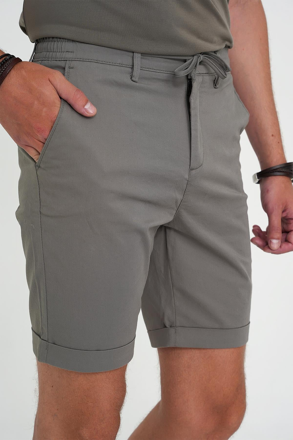 Comfort Fit Bağcıklı ve Lastikli Bel Esnek Pamuk Casual Haki Şort Bermuda 036 