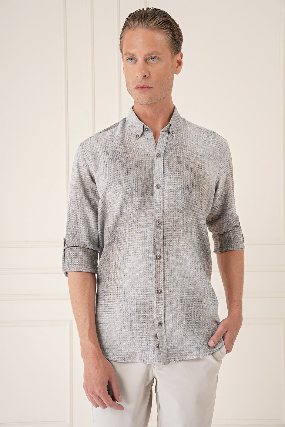 Comfort Fit Batik Desen %100 Keten Bej Gömlek G 1571