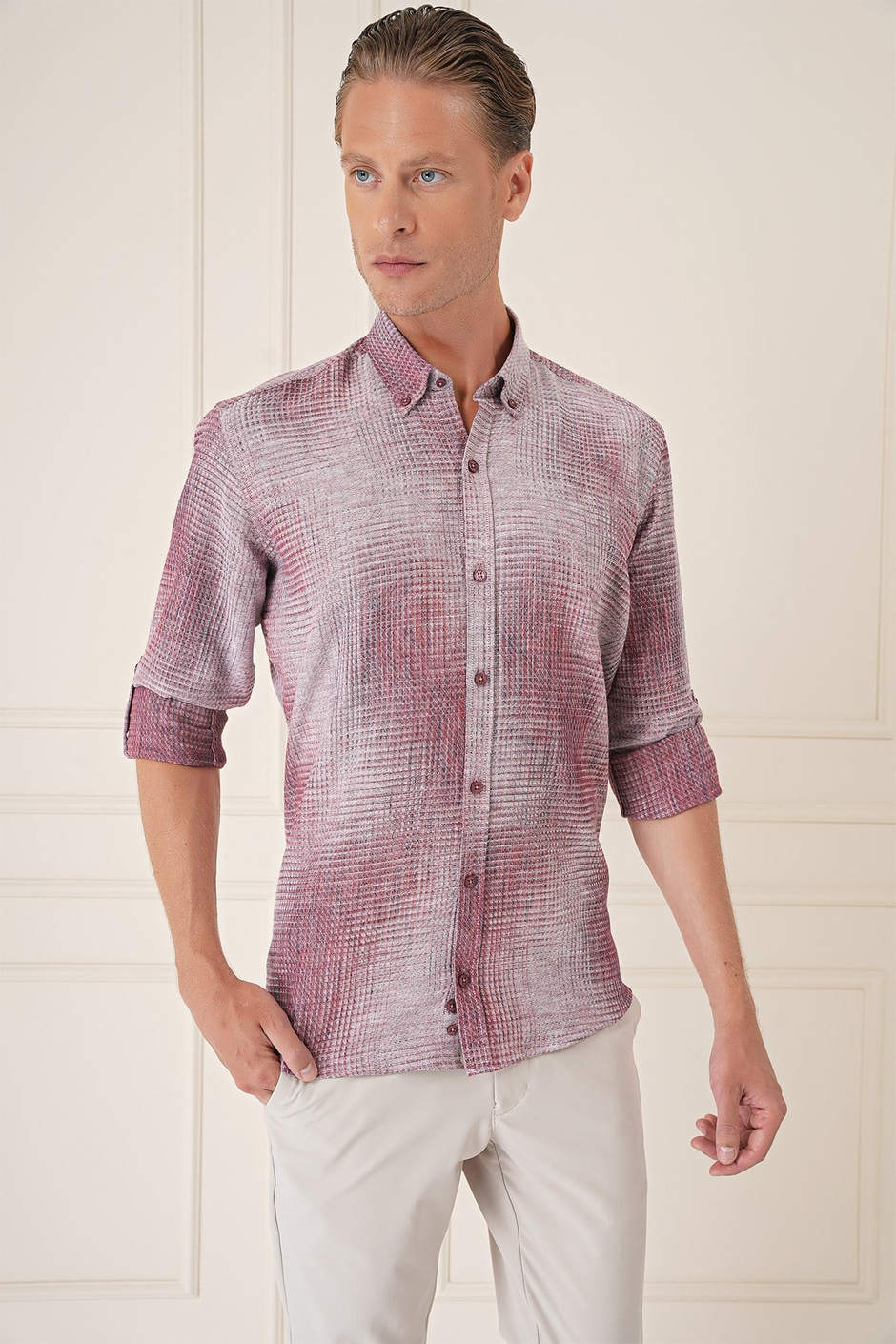 Comfort Fit Batik Desen %100 Keten Bordo Gömlek G 1571