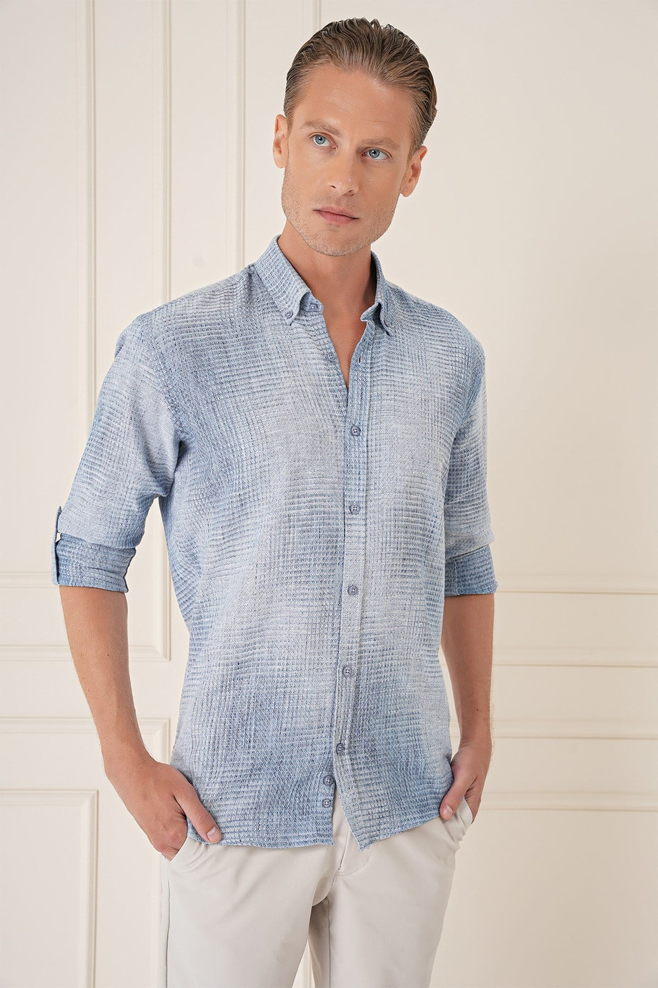 Comfort Fit Batik Desen %100 Keten Mavi Gömlek G 1571