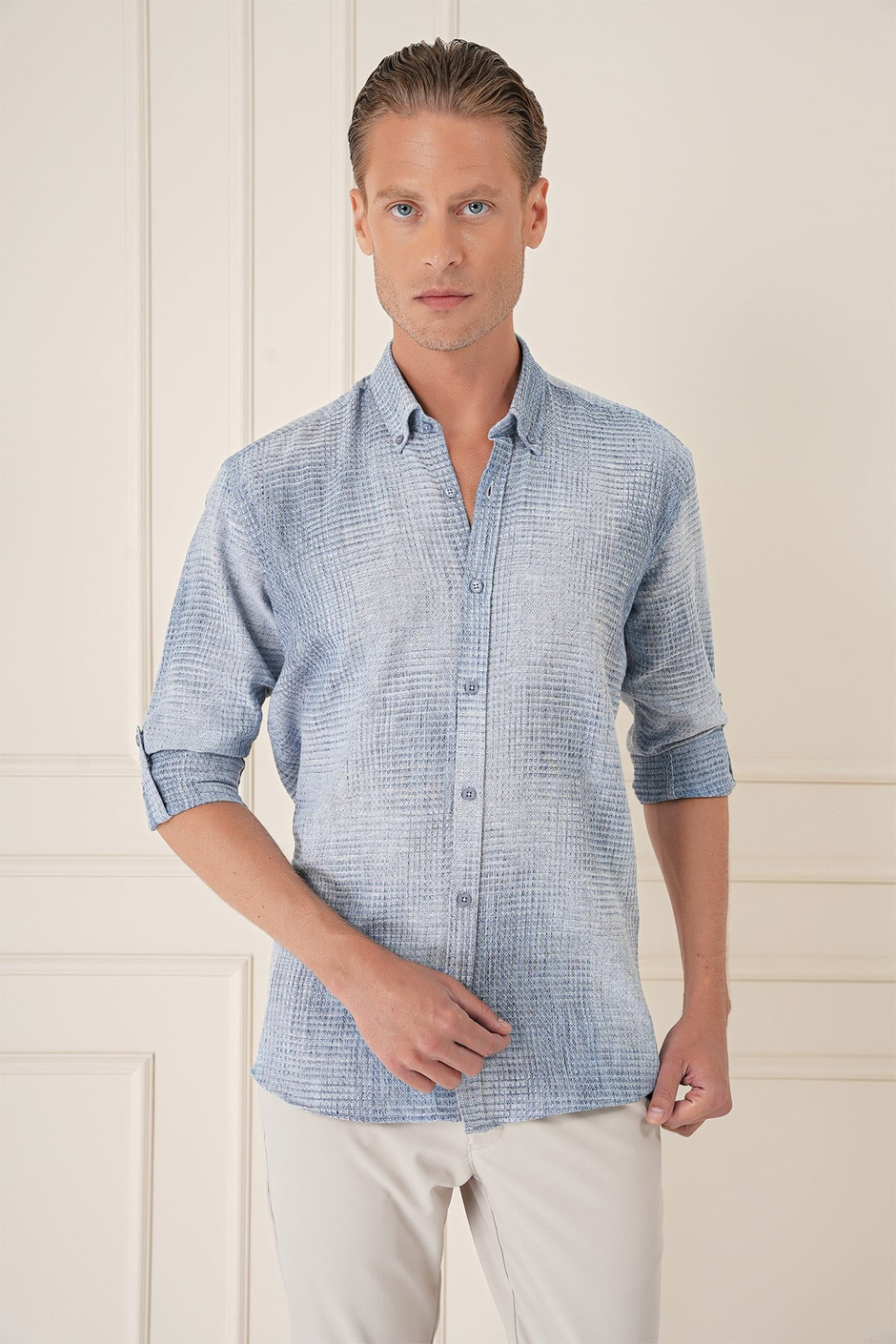 Comfort Fit Batik Desen %100 Keten Mavi Gömlek G 1571