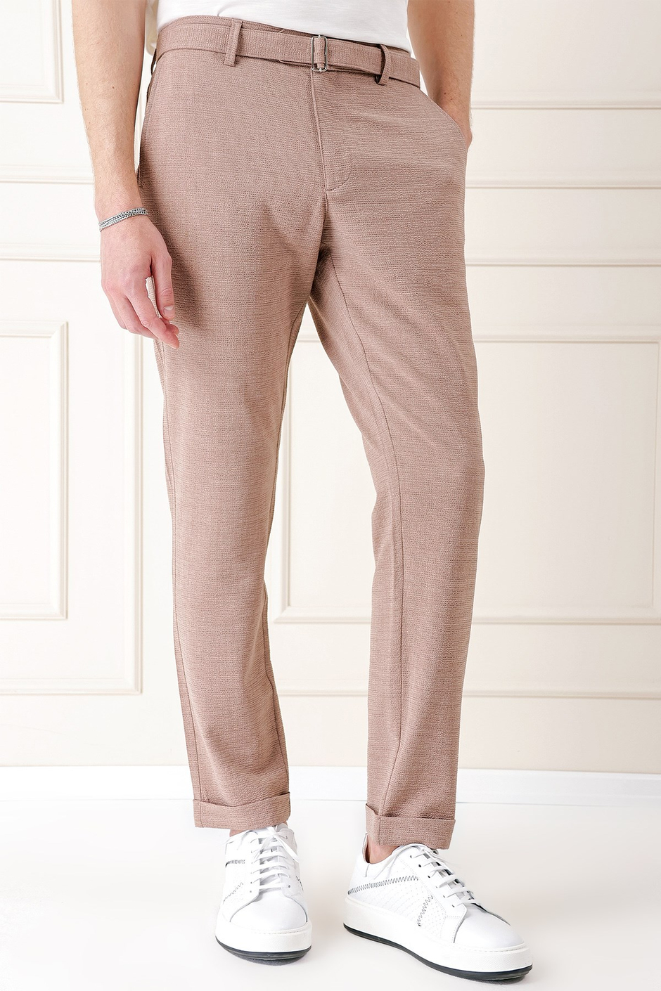 Comfort Fit Belden Kumaş Kemerli Pamuk Bej Jogger Pantolon P 1154