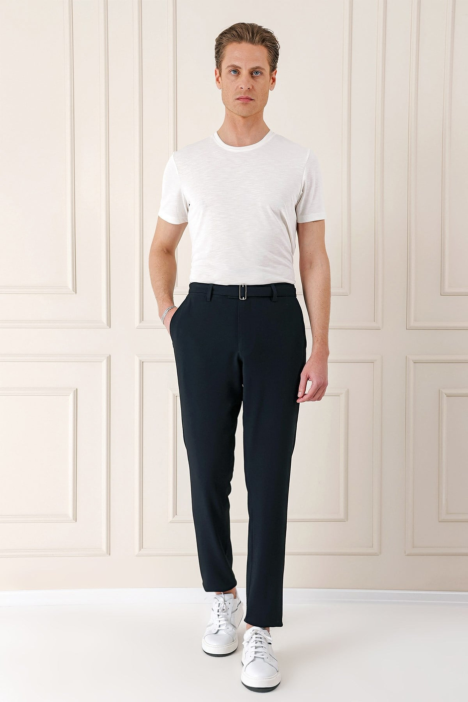 Comfort Fit Belden Kumaş Kemerli Pamuk Lacivert Jogger Pantolon P 1154