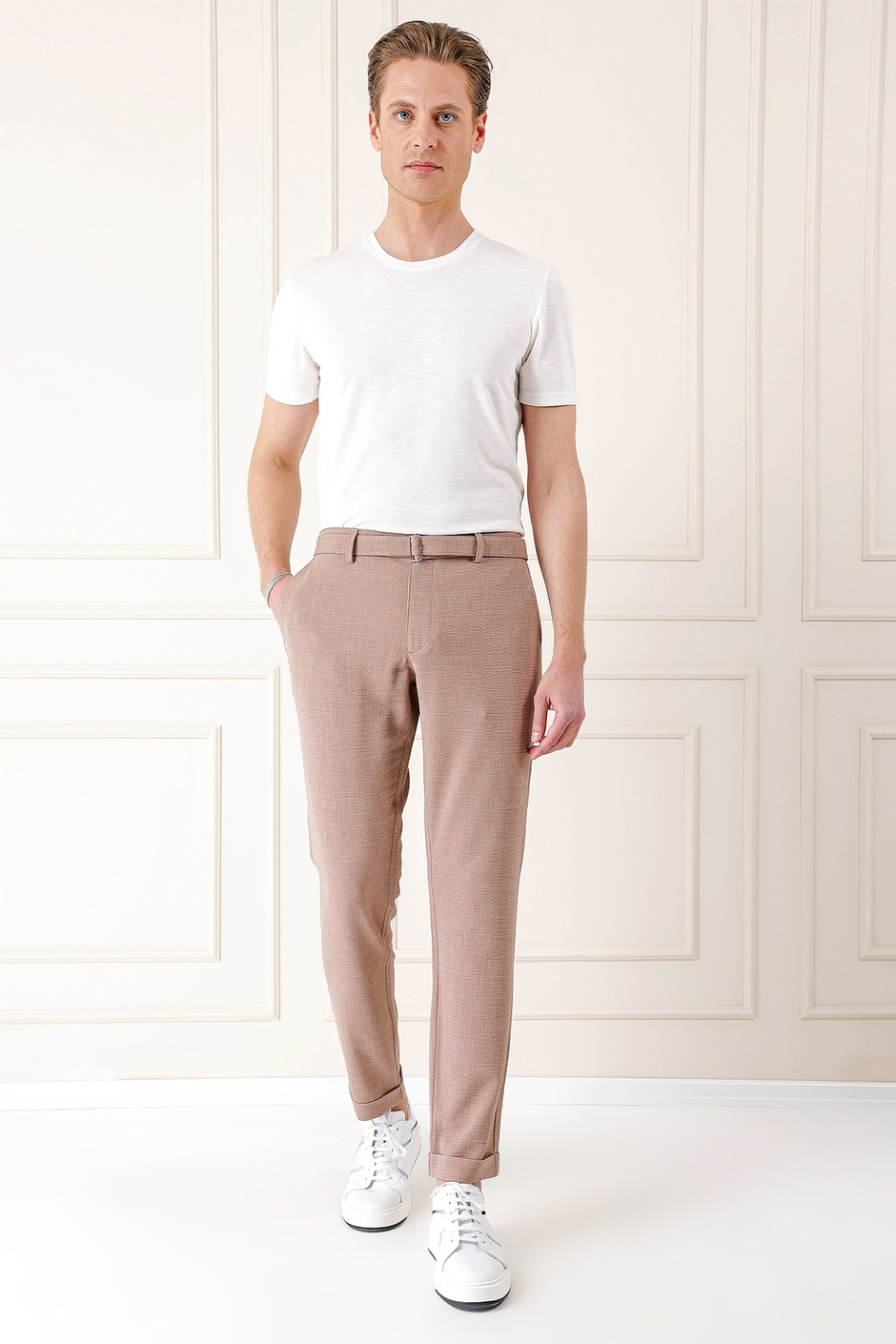 Comfort Fit Belden Kumaş Kemerli Pamuk Bej Jogger Pantolon P 1154