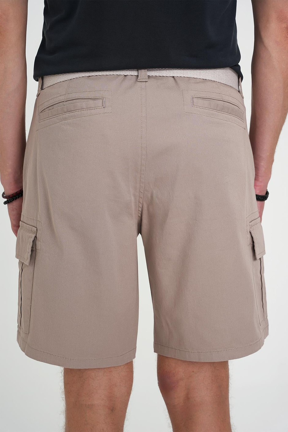 Comfort Fit Beli Kemerli Kargo Cep Pamuk Bej Şort Bermuda 039 
