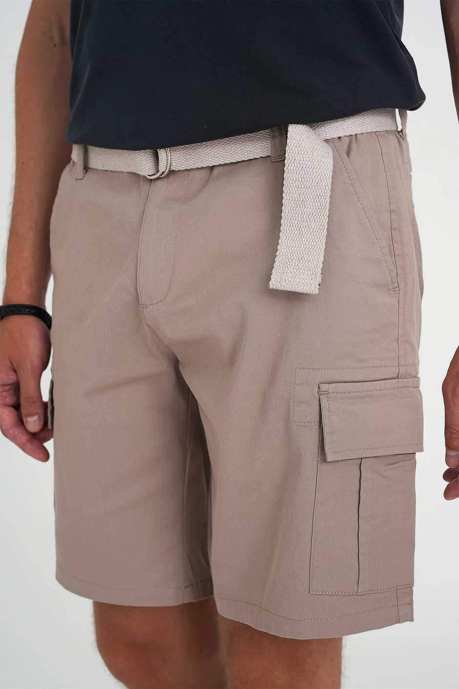Comfort Fit Beli Kemerli Kargo Cep Pamuk Bej Şort Bermuda 039 