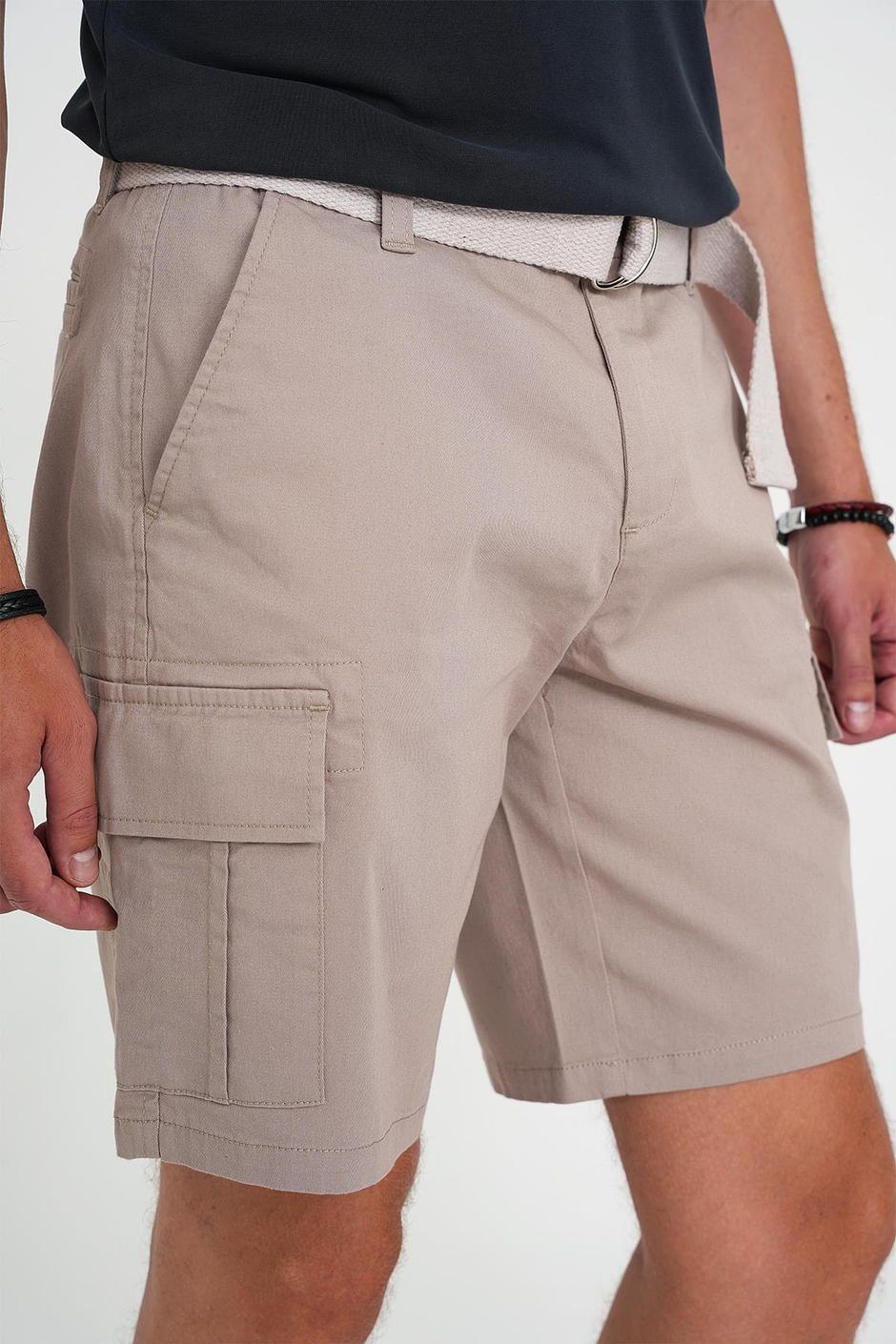 Comfort Fit Beli Kemerli Kargo Cep Pamuk Bej Şort Bermuda 039 