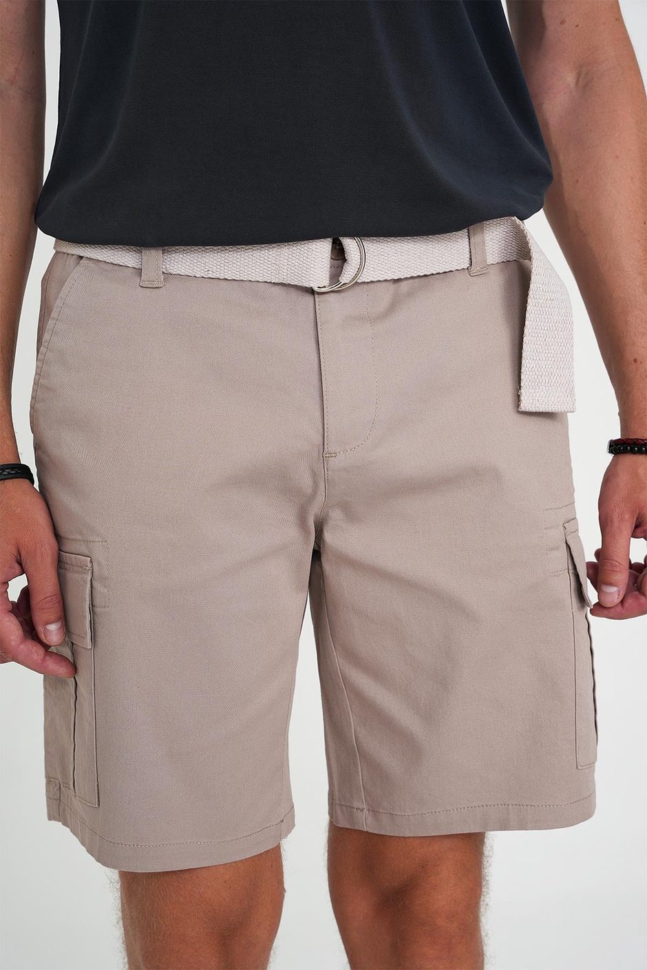 Comfort Fit Beli Kemerli Kargo Cep Pamuk Bej Şort Bermuda 039 